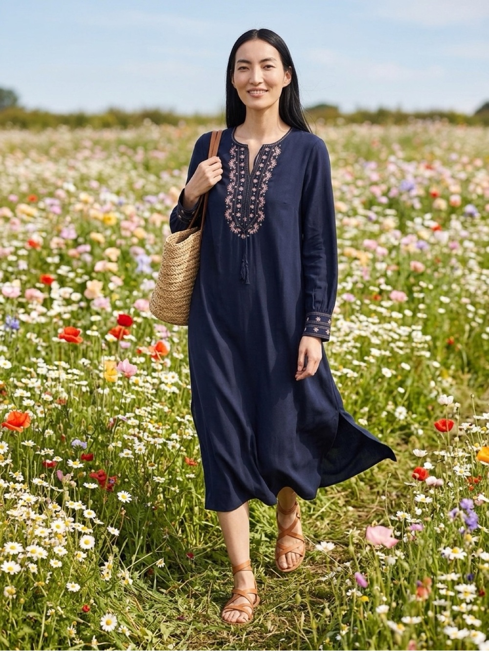 Chico’s NEW Embroidered Jewel Neck Midi Shift Dress Navy Blue Tassel Tie Sz 2